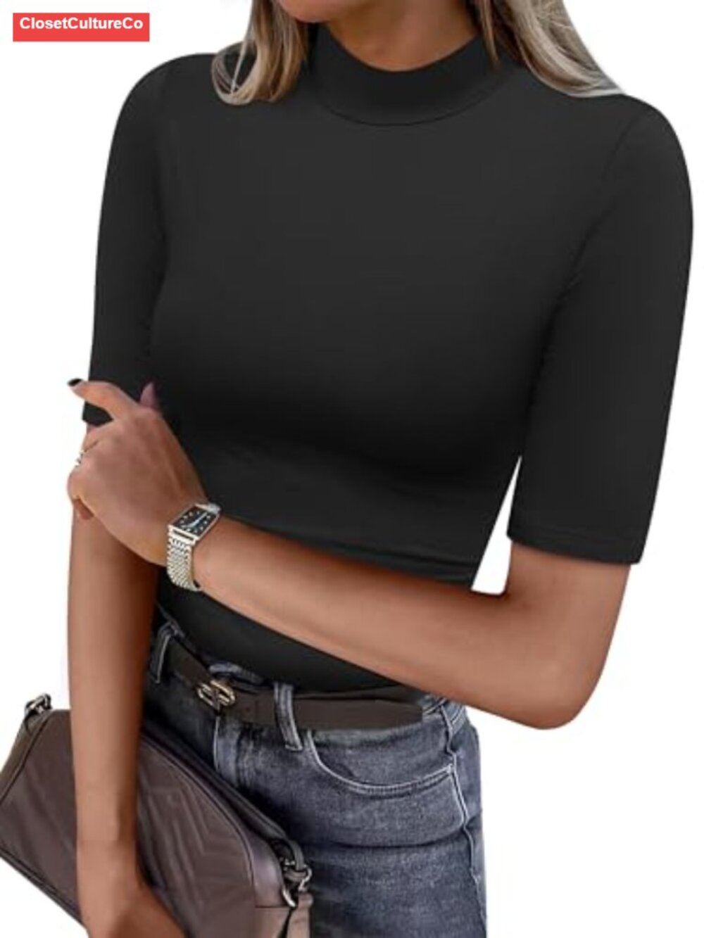 Mock Neck Half Sleeve Slim Fit Basic Tee Dressy Work Business Casual Top
